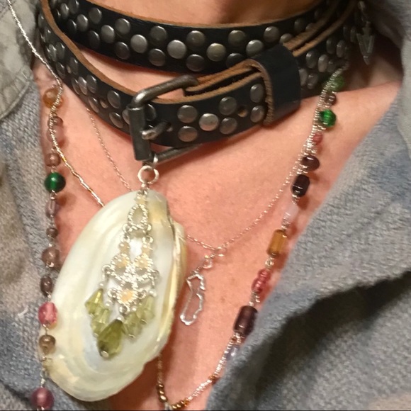 Boho Leather Choker Statement Shell  Vintage Jewel - Picture 2 of 6